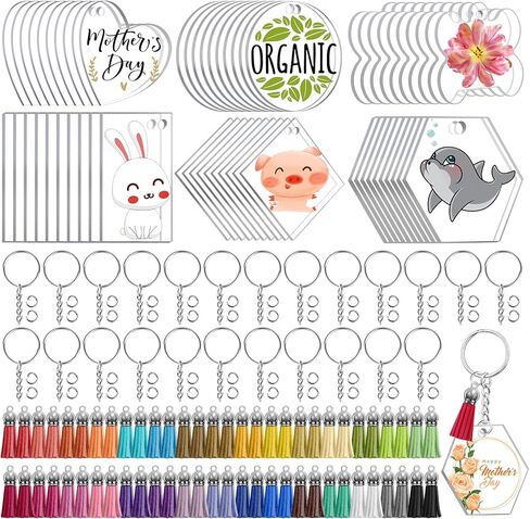 300 قطعة من سلاسل المفاتيح الاكريليك الشفافة، 6 اشكال فارغة من الاكريليك بالجملة، سلاسل مفاتيح جلدية شراشيب سلاسل مفاتيح حلقات القفز لراتنج الفينيل والحرف اليدوية والحلي والنقش (عظم مستطيل مربع على in Kuwait