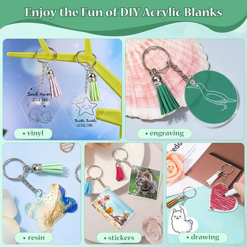 300 قطعة من سلاسل المفاتيح الاكريليك الشفافة، 6 اشكال فارغة من الاكريليك بالجملة، سلاسل مفاتيح جلدية شراشيب سلاسل مفاتيح حلقات القفز لراتنج الفينيل والحرف اليدوية والحلي والنقش (عظم مستطيل مربع على in Kuwait
