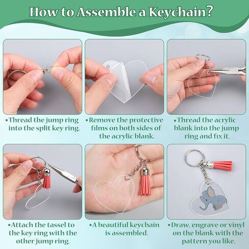 300 قطعة من سلاسل المفاتيح الاكريليك الشفافة، 6 اشكال فارغة من الاكريليك بالجملة، سلاسل مفاتيح جلدية شراشيب سلاسل مفاتيح حلقات القفز لراتنج الفينيل والحرف اليدوية والحلي والنقش (عظم مستطيل مربع على in Kuwait