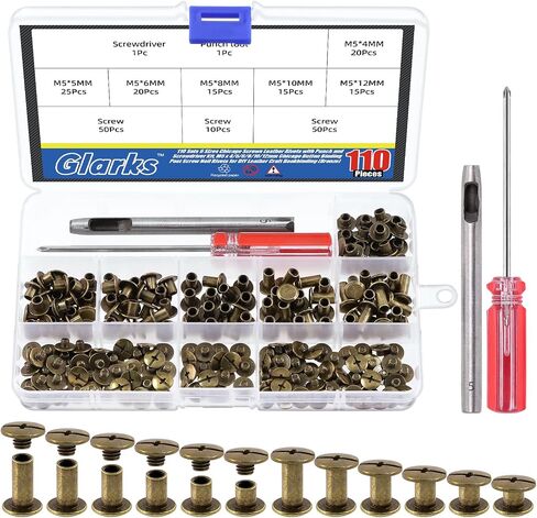 Glarks 110 مجموعات 6 مقاسات من مسامير شيكاغو الجلدية مع مجموعة لكمة ومفك براغي، M5 × 4/5/6/8/10/12 مم مسامير مسامير مسمارية لزر شيكاغو لتجليد الكتب اليدوية الجلدية (فضي) in Kuwait