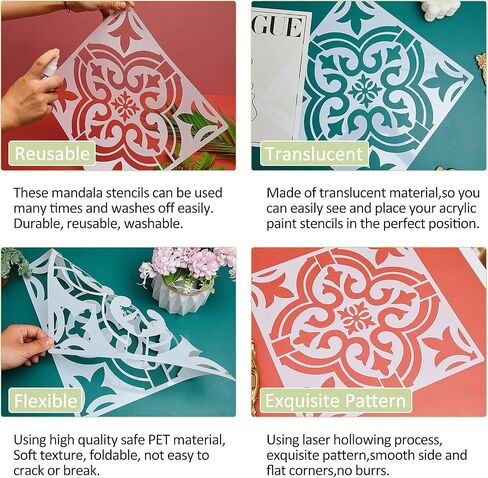 4 Pieces Reusable Tile Stencil 12 x 12 Inches Wall Templates Tile Pattern Stencil Drawing Templates for DIY Scrapbooks Wall Floor Home Decors (Mandala Style) in Kuwait