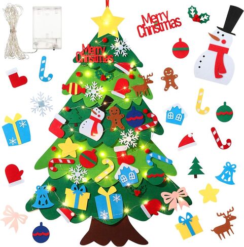 3.2 Feet Kids DIY Felt Christmas Tree Snowman Set with LEDs String Lights Wall Hanging Detachable Ornaments, Kids Present Party Supplies, Xmas Home Decorations (Christmas Tree) in Saudi Arabia