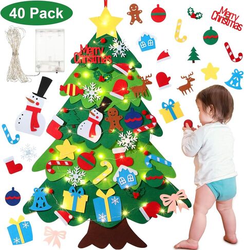 3.2 Feet Kids DIY Felt Christmas Tree Snowman Set with LEDs String Lights Wall Hanging Detachable Ornaments, Kids Present Party Supplies, Xmas Home Decorations (Christmas Tree) in Saudi Arabia