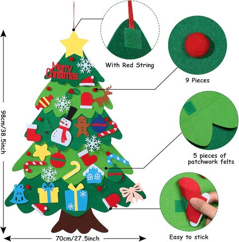 3.2 Feet Kids DIY Felt Christmas Tree Snowman Set with LEDs String Lights Wall Hanging Detachable Ornaments, Kids Present Party Supplies, Xmas Home Decorations (Christmas Tree) in Saudi Arabia