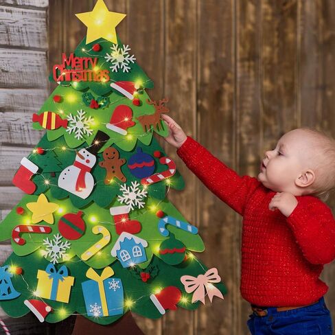 3.2 Feet Kids DIY Felt Christmas Tree Snowman Set with LEDs String Lights Wall Hanging Detachable Ornaments, Kids Present Party Supplies, Xmas Home Decorations (Christmas Tree) in Saudi Arabia