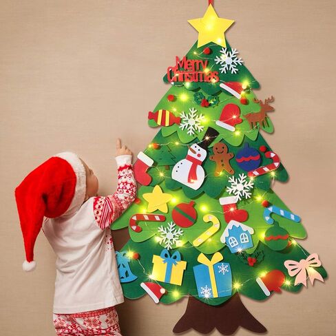 3.2 Feet Kids DIY Felt Christmas Tree Snowman Set with LEDs String Lights Wall Hanging Detachable Ornaments, Kids Present Party Supplies, Xmas Home Decorations (Christmas Tree) in Saudi Arabia