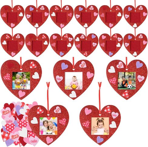 24 Pcs Valentine Picture Frame Craft Kits, Felt Heart Photo Ornaments with 100 Pcs Stickers, Glitter Valentines Tree Classroom Hanging Decoration for Kids Pre-School Toddlers in Saudi Arabia