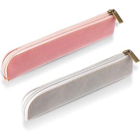 حقيبة قلم رصاص من جلد البولي يوريثان النحيف من amaxiu، قطعتان مصنوعتان يدويًا لقلم حبر صغير وحامل قلم فاخر وحقيبة قرطاسية رفيعة وسحاب منظم أقلام رصاص عتيق (رمادي + وردي) in Kuwait