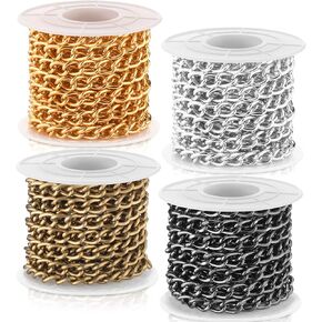4 Rolls 39.4 Feet in Total Aluminium Curb Chains Twisted Links Curb Chain Spool Jewelry Making Chains for Bracelet Necklace Jewelry Making (Rose, Black, Silver, Gold)