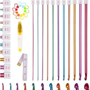 Aeeque Tunisian Crochet Hooks Set, 11 Pcs Aluminum Tunisian Crochet Hook 2mm(B) - 8mm(L) with Accessories, 27cm Long Crochet Hook for Crocheter & Beginners, Multicolor Crochet Needles for Crocheting in Saudi Arabia