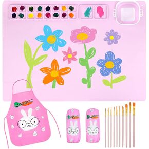 سولداي بساط رسم من السيليكون للاطفال، بساط فني كبير جدا 20 انش × 16 انش مع كوب قابل للفصل، مجموعة فرش طلاء، 1 قطعة مريلة فنية مقاومة للماء على شكل ارنب واكمام للحرف اليدوية المصنوعة من الراتنج، بينك in Kuwait