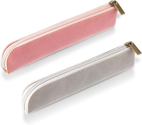 حقيبة قلم رصاص من جلد البولي يوريثان النحيف من amaxiu، قطعتان مصنوعتان يدويًا لقلم حبر صغير وحامل قلم فاخر وحقيبة قرطاسية رفيعة وسحاب منظم أقلام رصاص عتيق (رمادي + وردي) in Kuwait