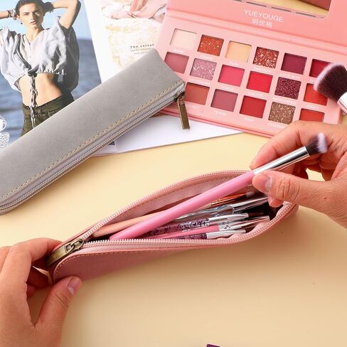 حقيبة قلم رصاص من جلد البولي يوريثان النحيف من amaxiu، قطعتان مصنوعتان يدويًا لقلم حبر صغير وحامل قلم فاخر وحقيبة قرطاسية رفيعة وسحاب منظم أقلام رصاص عتيق (رمادي + وردي) in Kuwait