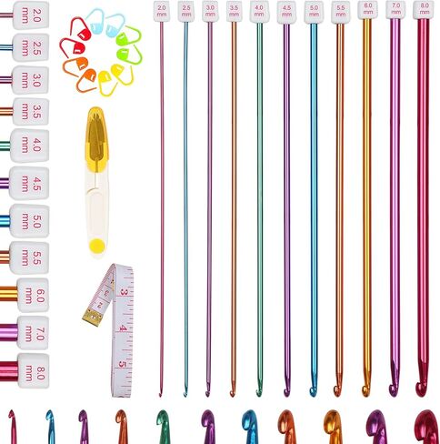 Aeeque Tunisian Crochet Hooks Set, 11 Pcs Aluminum Tunisian Crochet Hook 2mm(B) - 8mm(L) with Accessories, 27cm Long Crochet Hook for Crocheter & Beginners, Multicolor Crochet Needles for Crocheting in Saudi Arabia