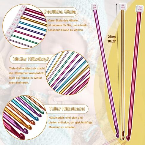 Aeeque Tunisian Crochet Hooks Set, 11 Pcs Aluminum Tunisian Crochet Hook 2mm(B) - 8mm(L) with Accessories, 27cm Long Crochet Hook for Crocheter & Beginners, Multicolor Crochet Needles for Crocheting in Saudi Arabia