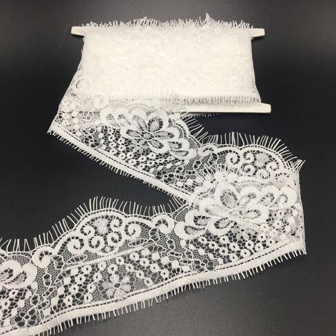 ELLAMAMA Top Quliaty Lace Trim DIY Craft رقيقة لينة شريط صدفي خمر مع حواف الرموش 2-1/2 بوصة واسعة (Inc الرموش)، 3 ياردات، أبيض in Kuwait