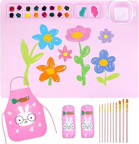 سولداي بساط رسم من السيليكون للاطفال، بساط فني كبير جدا 20 انش × 16 انش مع كوب قابل للفصل، مجموعة فرش طلاء، 1 قطعة مريلة فنية مقاومة للماء على شكل ارنب واكمام للحرف اليدوية المصنوعة من الراتنج، بينك in Kuwait