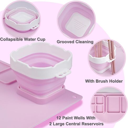 سولداي بساط رسم من السيليكون للاطفال، بساط فني كبير جدا 20 انش × 16 انش مع كوب قابل للفصل، مجموعة فرش طلاء، 1 قطعة مريلة فنية مقاومة للماء على شكل ارنب واكمام للحرف اليدوية المصنوعة من الراتنج، بينك in Kuwait