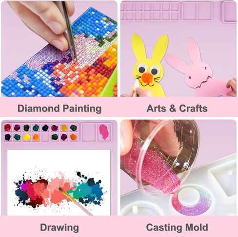 سولداي بساط رسم من السيليكون للاطفال، بساط فني كبير جدا 20 انش × 16 انش مع كوب قابل للفصل، مجموعة فرش طلاء، 1 قطعة مريلة فنية مقاومة للماء على شكل ارنب واكمام للحرف اليدوية المصنوعة من الراتنج، بينك in Kuwait