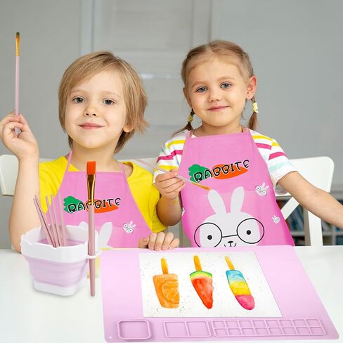 سولداي بساط رسم من السيليكون للاطفال، بساط فني كبير جدا 20 انش × 16 انش مع كوب قابل للفصل، مجموعة فرش طلاء، 1 قطعة مريلة فنية مقاومة للماء على شكل ارنب واكمام للحرف اليدوية المصنوعة من الراتنج، بينك in Kuwait