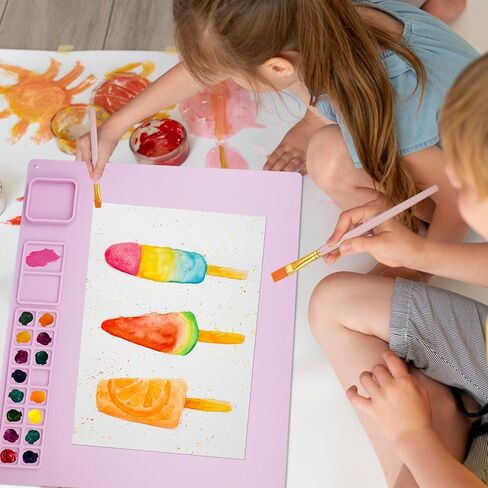 سولداي بساط رسم من السيليكون للاطفال، بساط فني كبير جدا 20 انش × 16 انش مع كوب قابل للفصل، مجموعة فرش طلاء، 1 قطعة مريلة فنية مقاومة للماء على شكل ارنب واكمام للحرف اليدوية المصنوعة من الراتنج، بينك in Kuwait