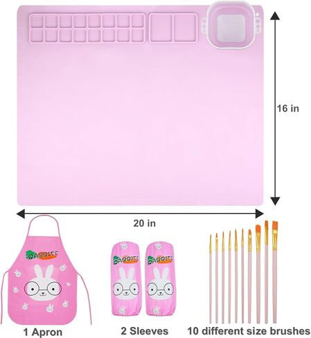 سولداي بساط رسم من السيليكون للاطفال، بساط فني كبير جدا 20 انش × 16 انش مع كوب قابل للفصل، مجموعة فرش طلاء، 1 قطعة مريلة فنية مقاومة للماء على شكل ارنب واكمام للحرف اليدوية المصنوعة من الراتنج، بينك in Kuwait
