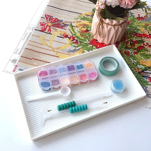 صينية فرز خرز بلاستيكية كبيرة الحجم مقاس 10×6 انش، ملاقط من الستانلس ستيل، لوحة الماس حجر الراين، اكسسوارات الرسم الماسي بغرز متقاطعة، اداة تنقيط لفن الاظافر والحرف اليدوية in Kuwait