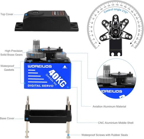 WOAEIUOS 40 كجم RC مؤازرة رقمية بدون قلب، عزم دوران عالي مقاوم للماء معدات معدنية مع قرن مؤازر 25T 1/10 1/8 RC سيارة RC قارب روبوت زاحف in Kuwait