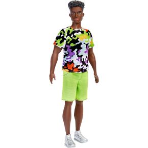 Barbie Ken Fashionistas Doll, Broad, Black Curly Hair, Multi-Colored Camo Print Shirt, Neon Green Shorts, Silvery Sneakers, Toy for Kids 3 to 8 Years Old in Saudi Arabia