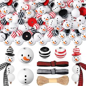 180 Piece Christmas Snowman Wooden Bead Winter Wooden Bead Christmas Buffalo Plaid Wood Round Bead Christmas Print Wooden Beads with DIY Twine Scarf Wooden Beads for Crafts (Lovely Colors) in Saudi Arabia