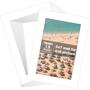 AUEAR 15 Pack Acid-Free Black Pre-Cut 5x7 Picture Mats for 4x6 Photos with White Core Bevel Cut Frame Mattes