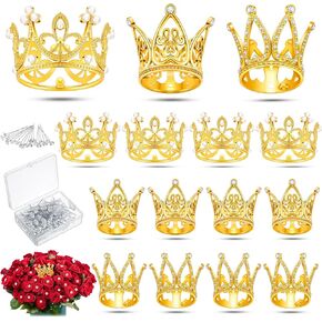 Sureio 115 Pcs Flower Bouquet Accessories Includes 15 Pcs Gold Cake Topper Mini Tiaras Crowns for Flower Arrangements, 100 Pcs Corsages Bouquet Pins for Birthday Wedding Baby Shower Party(Gold)