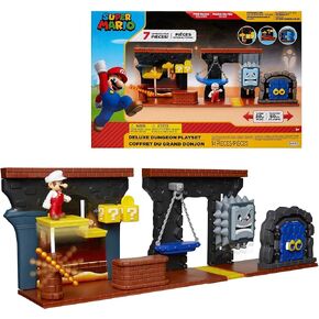 SUPER MARIO World of Nintendo Super Mario Dungeon Deluxe Play Set,Includes: 2.5" Fire Mario Figure&7 Interactive Environmentpiece Moving Platforms & Thwomp,Spinning Fire Balls,Hidden Coin,Swing&Door