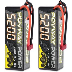 بطارية ليبو POVWAY 3S، بطارية ليبو 5200 مللي أمبير في الساعة 11.1 فولت 50C RC مع بطارية ليبو صلبة من Deans T Plug لسيارات RC، شاحنة RC، المروحية، الطائرة (عبوتان)