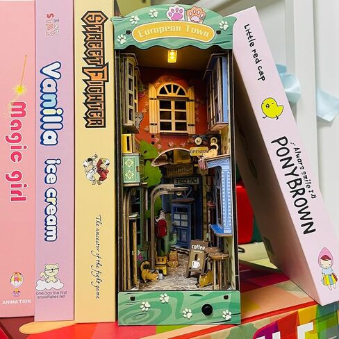 مجموعة زوايا الكتب DIY، مسند كتب لبيت الدمى DIY، إدراج رف الكتب على شكل لغز القهوة على شكل قطة، مجموعة بناء نموذج نهايات الكتب الخشبية مع ضوء LED كهدية عيد ميلاد... in Kuwait