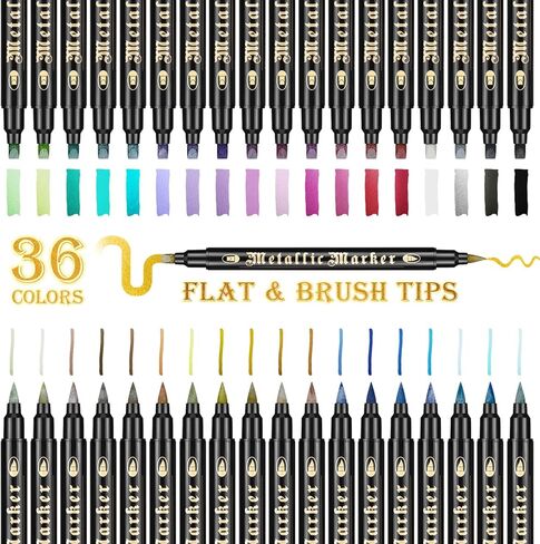 مجموعة أقلام طلاء أكريليك من CeleMoon مكونة من 36 لونًا معدنيًا، سريعة الجفاف للخشب الصخري والزجاج والنسيج والقماش والسيراميك والمعادن، مسطحة مزدوجة ورأس فرشاة in Kuwait