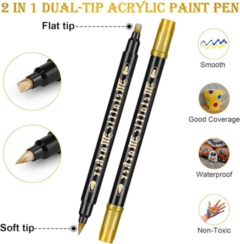 مجموعة أقلام طلاء أكريليك من CeleMoon مكونة من 36 لونًا معدنيًا، سريعة الجفاف للخشب الصخري والزجاج والنسيج والقماش والسيراميك والمعادن، مسطحة مزدوجة ورأس فرشاة in Kuwait