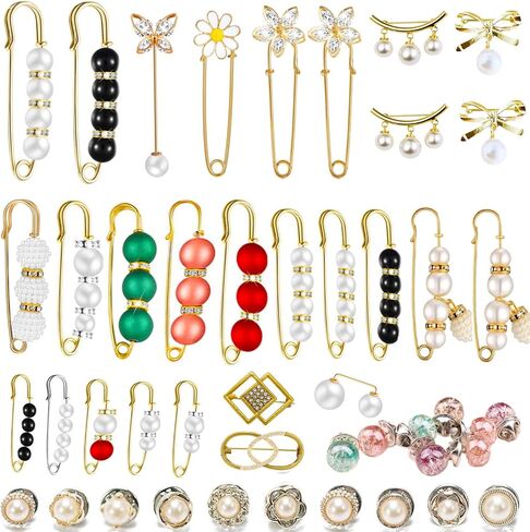 48 Pieces Faux Pearl Brooch Pins Set, 38 PCS Sweater Shawl Safety Pins with 20 PCS Cover up Buttons Pins for Women Girls Dresses Pants Clothing in Kuwait