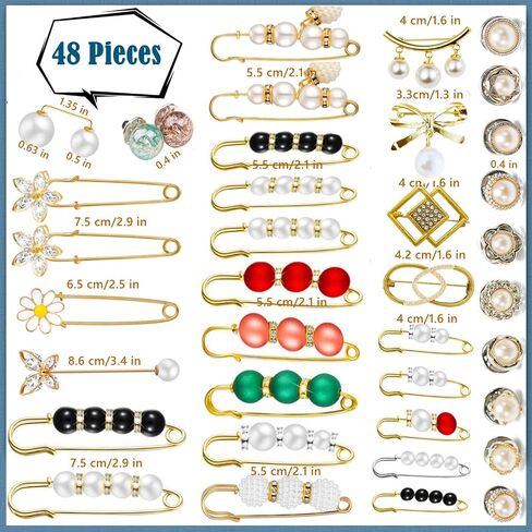 48 Pieces Faux Pearl Brooch Pins Set, 38 PCS Sweater Shawl Safety Pins with 20 PCS Cover up Buttons Pins for Women Girls Dresses Pants Clothing in Kuwait