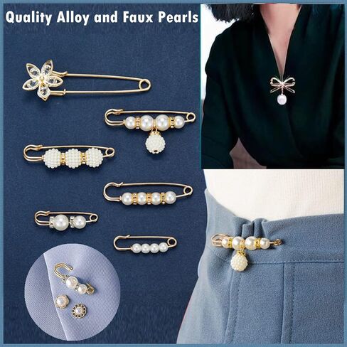 48 Pieces Faux Pearl Brooch Pins Set, 38 PCS Sweater Shawl Safety Pins with 20 PCS Cover up Buttons Pins for Women Girls Dresses Pants Clothing in Kuwait