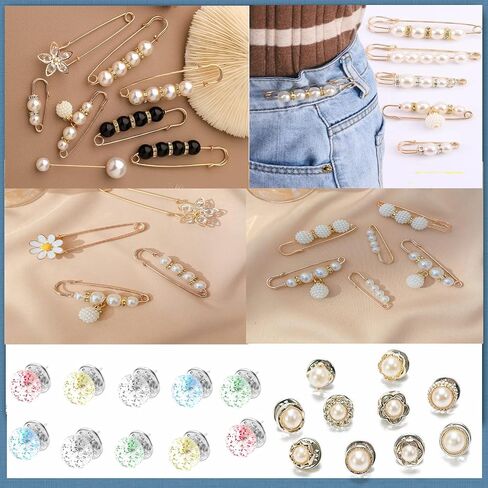 48 Pieces Faux Pearl Brooch Pins Set, 38 PCS Sweater Shawl Safety Pins with 20 PCS Cover up Buttons Pins for Women Girls Dresses Pants Clothing in Kuwait