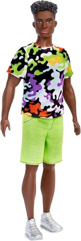Barbie Ken Fashionistas Doll, Broad, Black Curly Hair, Multi-Colored Camo Print Shirt, Neon Green Shorts, Silvery Sneakers, Toy for Kids 3 to 8 Years Old in Saudi Arabia