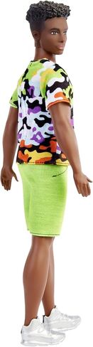 Barbie Ken Fashionistas Doll, Broad, Black Curly Hair, Multi-Colored Camo Print Shirt, Neon Green Shorts, Silvery Sneakers, Toy for Kids 3 to 8 Years Old in Saudi Arabia