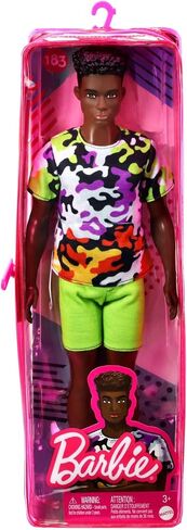 Barbie Ken Fashionistas Doll, Broad, Black Curly Hair, Multi-Colored Camo Print Shirt, Neon Green Shorts, Silvery Sneakers, Toy for Kids 3 to 8 Years Old in Saudi Arabia