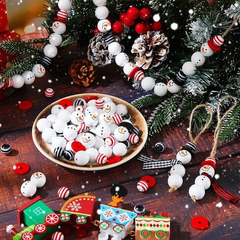 180 Piece Christmas Snowman Wooden Bead Winter Wooden Bead Christmas Buffalo Plaid Wood Round Bead Christmas Print Wooden Beads with DIY Twine Scarf Wooden Beads for Crafts (Lovely Colors) in Saudi Arabia