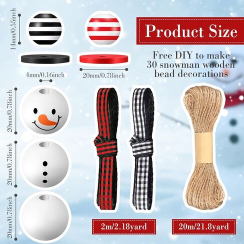 180 Piece Christmas Snowman Wooden Bead Winter Wooden Bead Christmas Buffalo Plaid Wood Round Bead Christmas Print Wooden Beads with DIY Twine Scarf Wooden Beads for Crafts (Lovely Colors) in Saudi Arabia