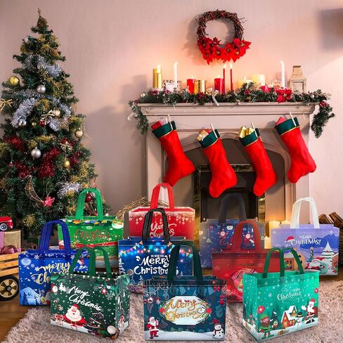 مجموعة من 16 حقيبة يد لعيد الميلاد من algpty، حقائب هدايا عيد الميلاد ذات اللون البرونزي بمقابض، مقاس 12.8 بوصة × 9.8 بوصة × 6.7 بوصة، حقائب هدايا عيد الميلاد غير المنسوجة كبيرة لمستلزمات حفلات عيد الميلاد وتغليف هدايا عيد الميلاد in Kuwait