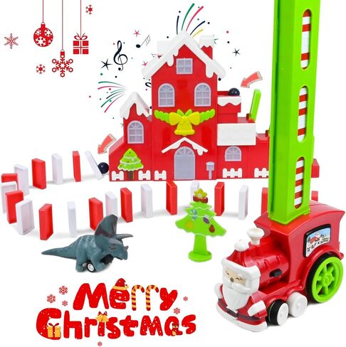 مجموعة قطار دومينو مع قلعة موسيقية من نيراجرون، قطار دومينو اوتوماتيكي، 200 قطعة من مكعبات الدومينو، لعبة قطار دومينو للكريسماس، العاب بناء وتكديس للاطفال، هدايا العاب ابداعية للاولاد والبنات من سن in Kuwait