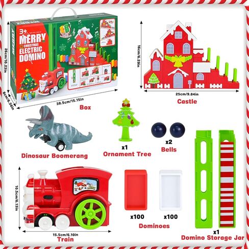 مجموعة قطار دومينو مع قلعة موسيقية من نيراجرون، قطار دومينو اوتوماتيكي، 200 قطعة من مكعبات الدومينو، لعبة قطار دومينو للكريسماس، العاب بناء وتكديس للاطفال، هدايا العاب ابداعية للاولاد والبنات من سن in Kuwait