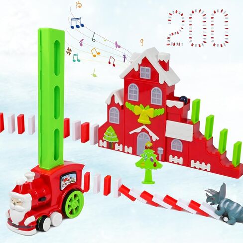 مجموعة قطار دومينو مع قلعة موسيقية من نيراجرون، قطار دومينو اوتوماتيكي، 200 قطعة من مكعبات الدومينو، لعبة قطار دومينو للكريسماس، العاب بناء وتكديس للاطفال، هدايا العاب ابداعية للاولاد والبنات من سن in Kuwait